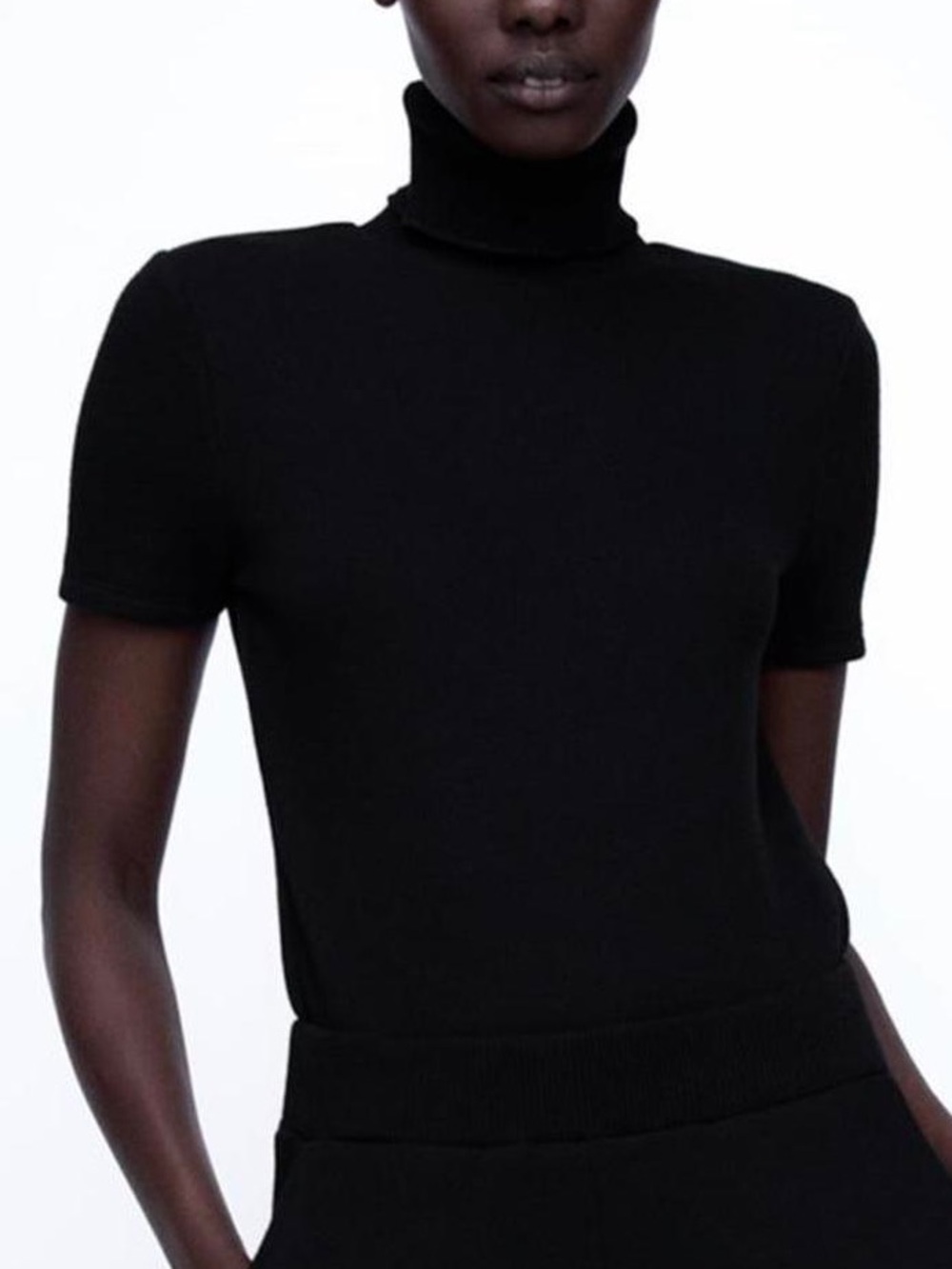 Zara Black Ribbed Mock Neck Short Sleeve Top